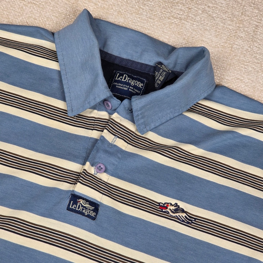 VTG Le Dragone Mens Blue Striped Short Sleeve Polo Shirt Dragon Logo Size M